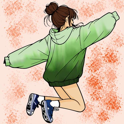 realistic girl jumping with a bun and oversized sweatshirt