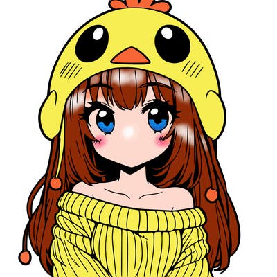 anime girl with chick shaped hat with sweater with bare shoulders with bangs covering them one eye with low tail
