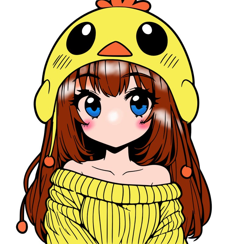 anime girl with chick shaped hat with sweater with bare shoulders with bangs covering them one eye with low tail