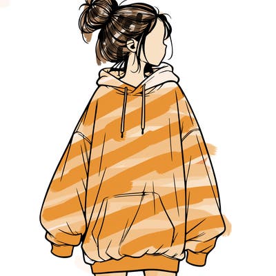 realistic girl with a oversized sweatshirt on and a bun