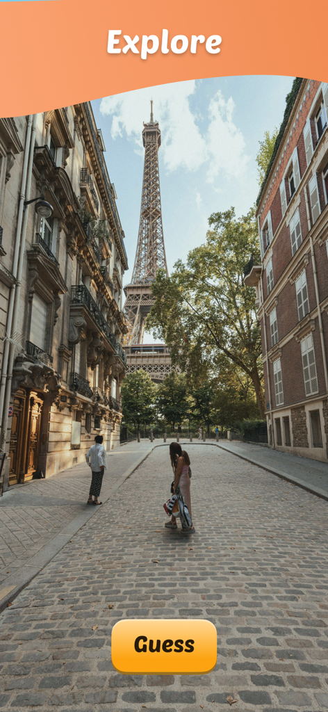 Where Am I GeoGuess game interface showing a street view of the Eiffel Tower in Paris