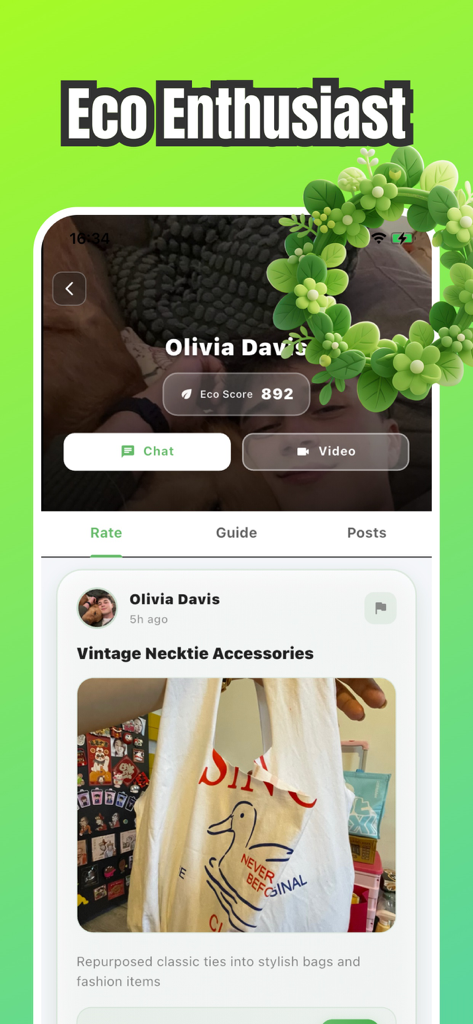 Lovmii app interface showing a user profile with an eco score and a post about upcycled vintage fashion