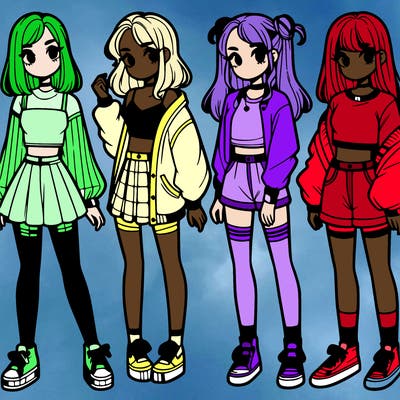 one girl with crop-top shirt and a jacket with a skirt, long socks and another girl with a shirt and pants with a jacket