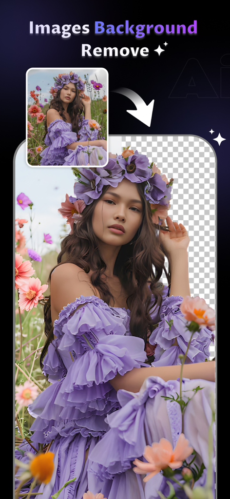 Porträt einer Frau mit Blumenkranz und lila Kleid, deren Hintergrund mit einem KI-Tool entfernt wurde.