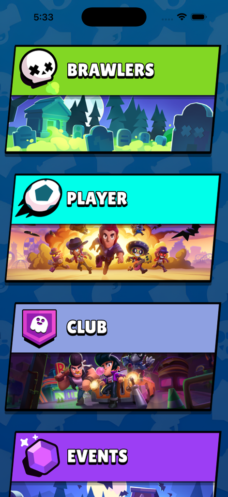 Brawl stats & chest for BS - Haupt-Dashboard der Brawl Stars Statistik-App mit Menükategorien für Brawler, Spieler, Club und Events