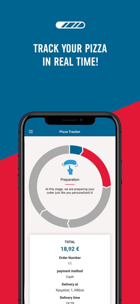 Domino's Pizza Greece mobile app interface showing the real-time pizza tracker during the preparation stage