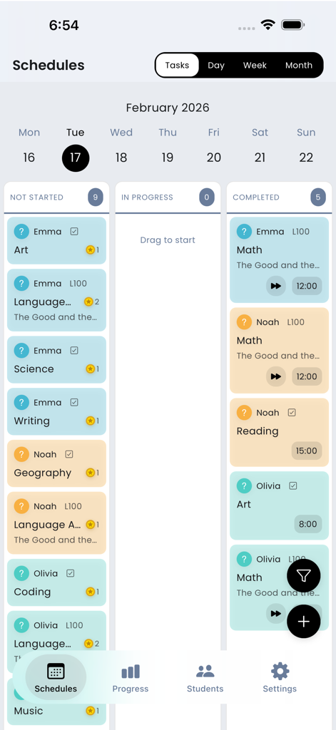 Homeschool Scheduler - Homeschool Scheduler app interface showing a task board with student lessons organized by status.