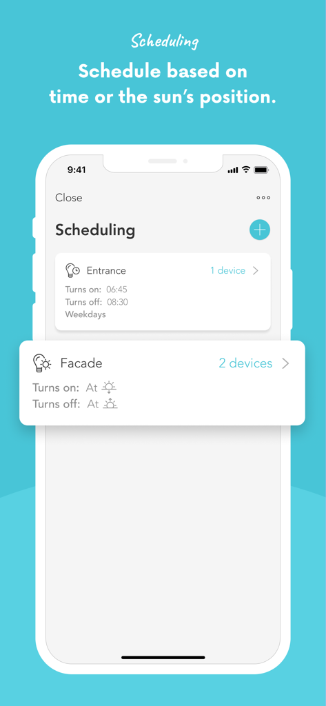 Plejd - Smartphone screen showing the Plejd app interface for scheduling home lighting based on time or sunrise and sunset