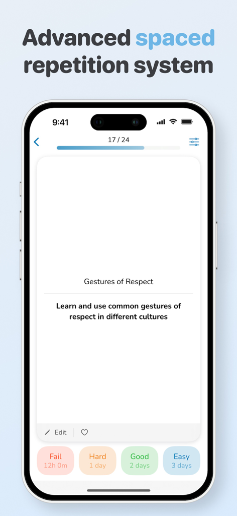 iPhone screen showing a flashcard in the Memorize app featuring advanced spaced repetition with difficulty rating buttons