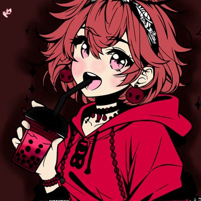 hot baddie anime girl drinking boba and biting the straw