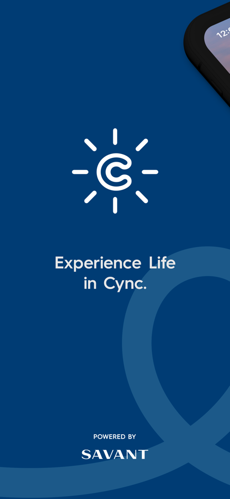Cync (the new name of C by GE) - Cync app splash screen featuring the sun-shaped C logo and Experience Life in Cync slogan on a blue background.