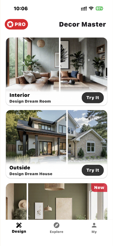 Decor Master-AI Home Design - Decor Master app screen showing interior and exterior home design options with AI visualization