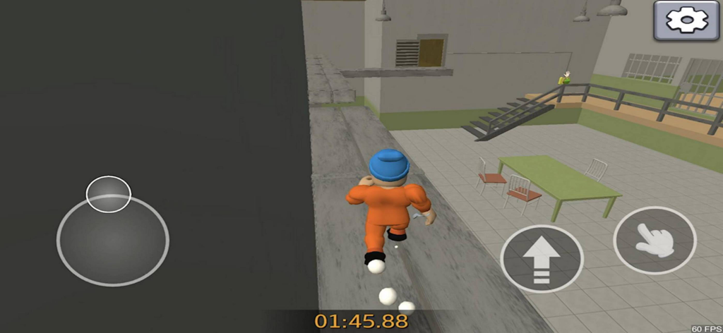 Obby Chapters: Prison Escape - A prisoner character runs across a narrow ledge in a prison themed obstacle course