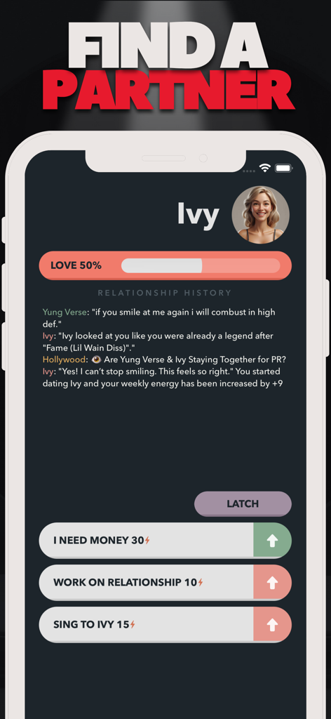 Uma interface de jogo móvel para Rap Star Music Simulator mostrando o gerenciamento de relacionamento com um personagem chamado Ivy, incluindo um medidor de amor e opções de interação como cantar e trabalhar no relacionamento.