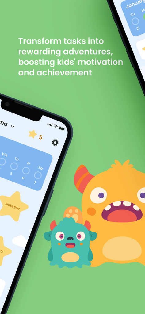 Star Reward Charts - Écran de l'application Star Reward Charts montrant le suivi des corvées avec des monstres mignons