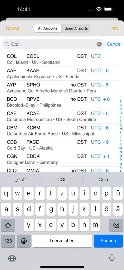 EASA FTL Calc - Search screen for airports within EASA FTL Calc showing IATA codes and UTC time zone information