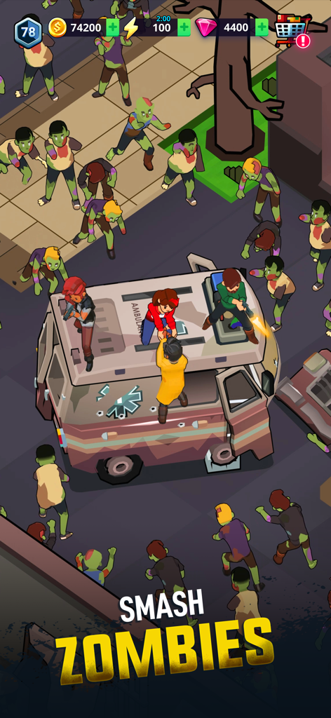 Survivors on top of an ambulance defending against a zombie horde in Merge 2 Survive.