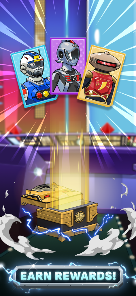 Power Rangers Mighty Force - Un cofre del tesoro dorado abierto emitiendo luz con cartas de personaje y el texto Gana Recompensas.