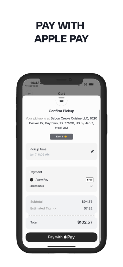 C’est Bon Creole Cuisine - Mobile app checkout screen for Cest Bon Creole Cuisine featuring Apple Pay integration