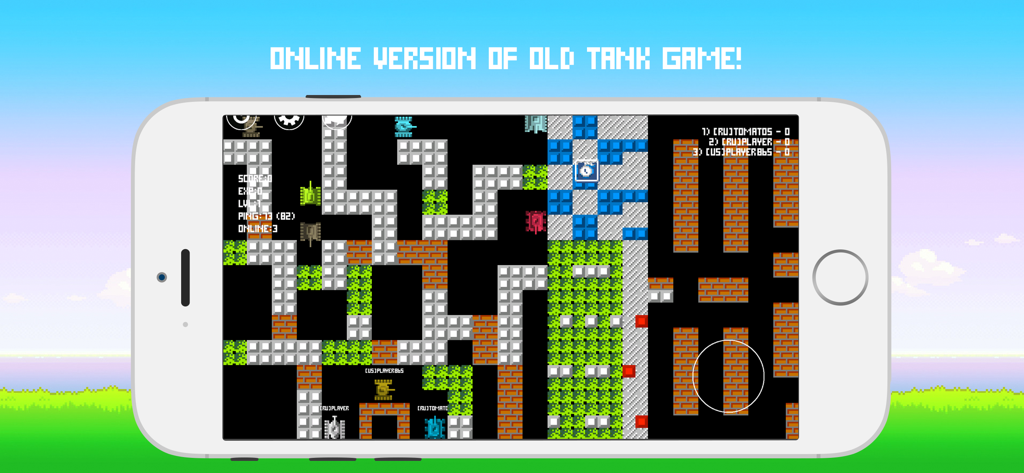 Tela de smartphone mostrando uma batalha de tanques multijogador retro com mapas em pixel art e paredes de tijolos
