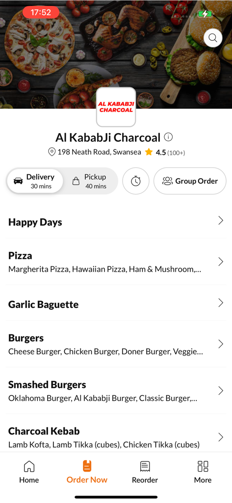 Al KababJi Charcoal - Al KababJi Charcoal app menu interface displaying food categories like pizza, burgers, and charcoal kebabs