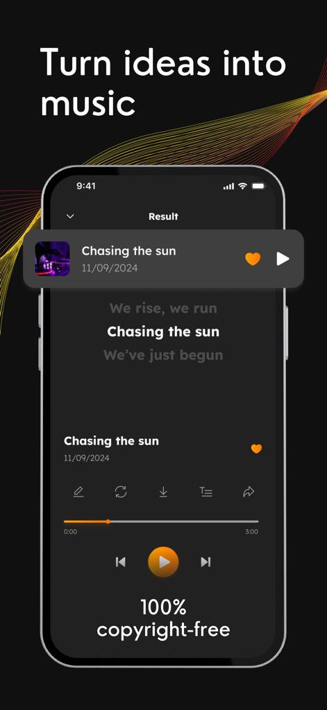 Soundify - AI Song Maker - Soundify app interface showing a generated song with lyrics and a copyright free label