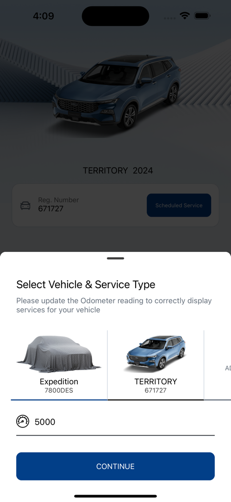Aljazirah Vehicles - Aljazirah Vehicles app screen showing vehicle selection for service and odometer input