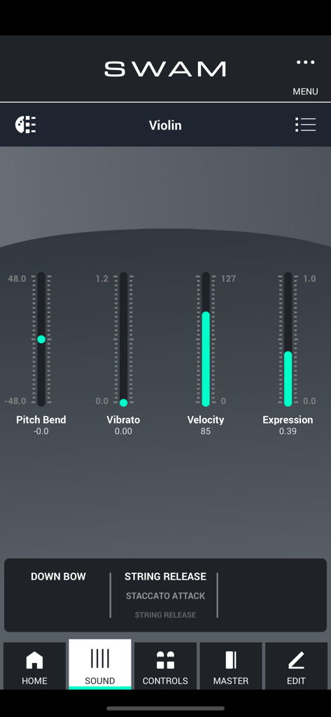 SWAM Violin app sound tab showing pitch bend vibrato velocity and expression controls
