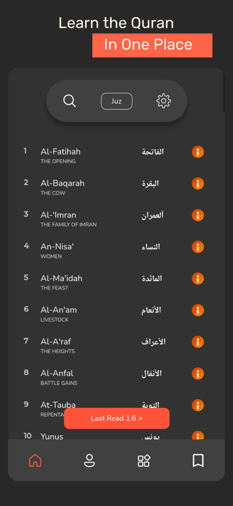 QuranHive - QuranHive mobile app interface showing a list of Quranic chapters with Arabic and English text in dark mode