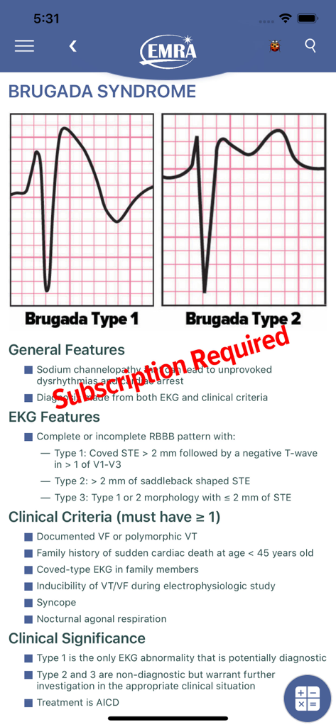 MobilEM - MobilEM clinical reference screen for Brugada Syndrome showing EKG patterns and criteria.