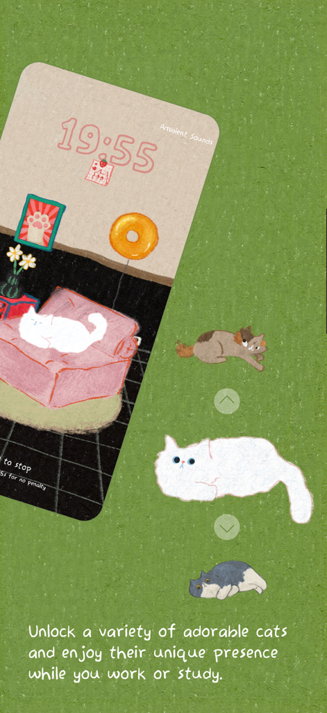 Cat On Chair: ADHD Focus - A variety of adorable hand-drawn cats to unlock in the Cat On Chair productivity app.