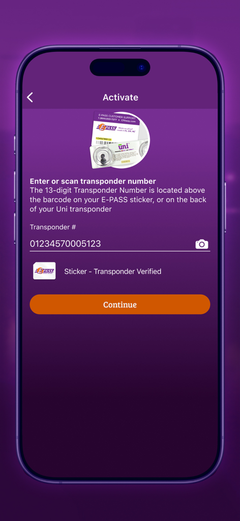 E-PASS Toll App - Écran d'activation de l'application de péage E-PASS pour saisir ou scanner un numéro de transpondeur