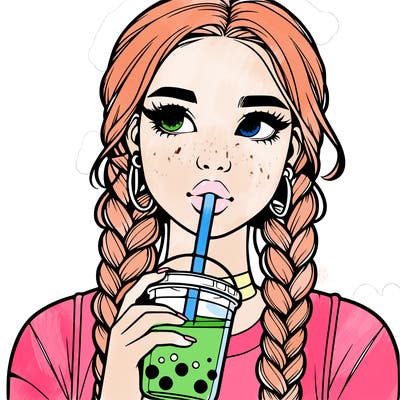 realistic girl with braided hair drinking boba