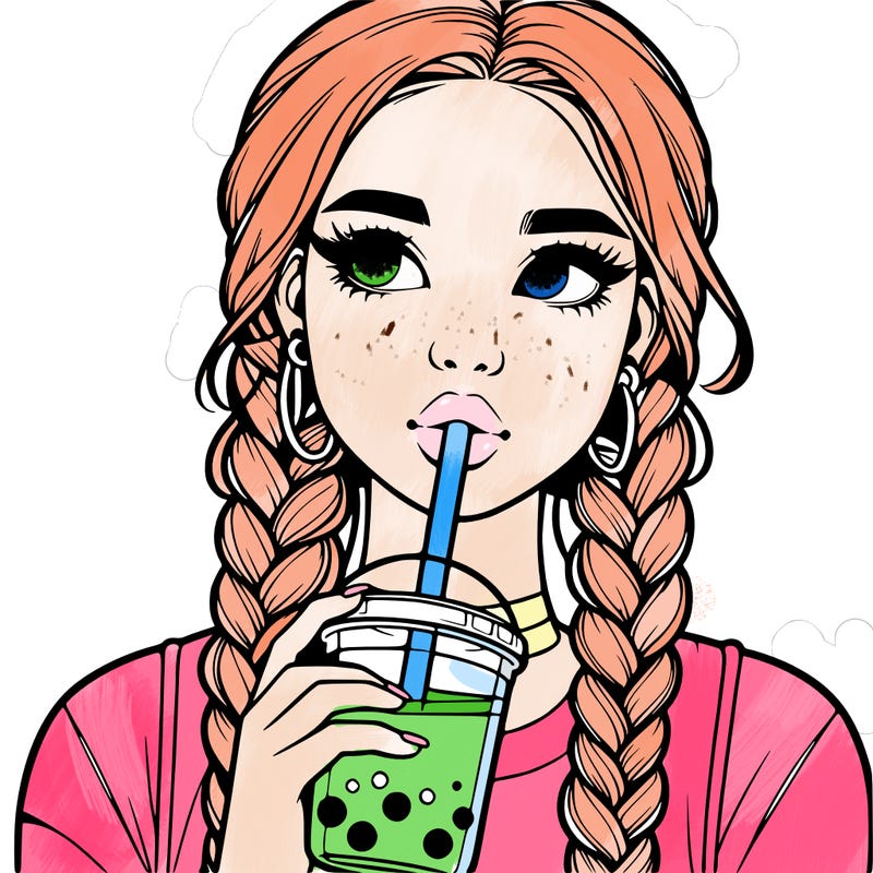 realistic girl with braided hair drinking boba