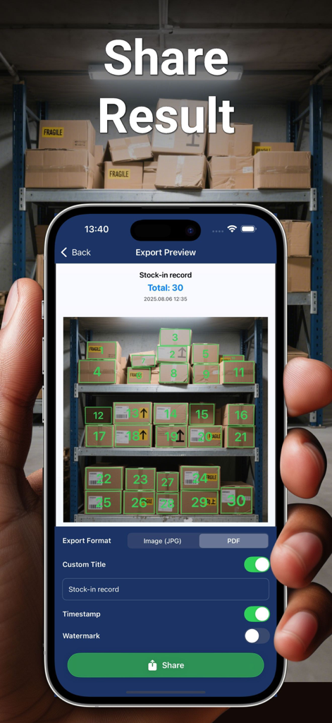 Count Things: Photo Counting - Smartphone showing the CountAI app share screen with a total count of 30 boxes in a warehouse ready for export