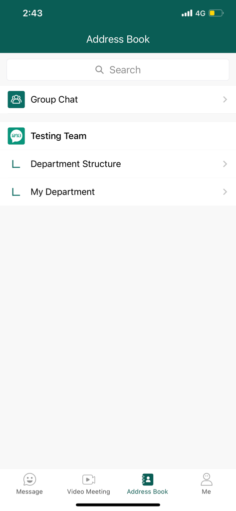 Lao G-Chat - Adressbuch-Bildschirm der Lao G-Chat mobilen App zeigt Suchleiste und Abteilungsstruktur