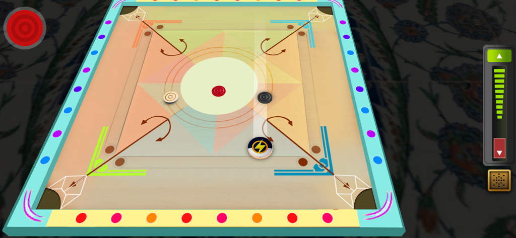Carrom Star Pool Game - Top down view of a digital carrom board with a striker and pieces in Carrom Star Pool Game