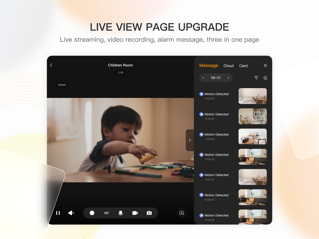 Interfaccia di visualizzazione live dell'app Imou Life HD su iPad con feed video e avvisi di rilevamento del movimento