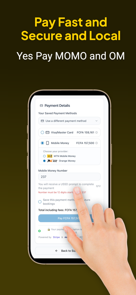 Hydlet - Pantalla de pago seguro en la aplicación Hydlet con opciones de dinero móvil local y tarjetas de crédito