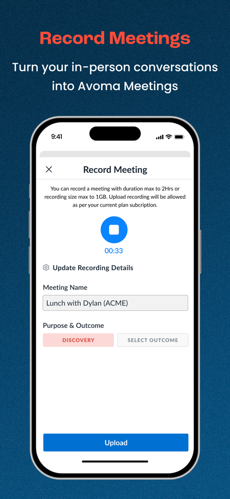Avoma app screen showing a meeting recording in progress with options to add meeting name and purpose