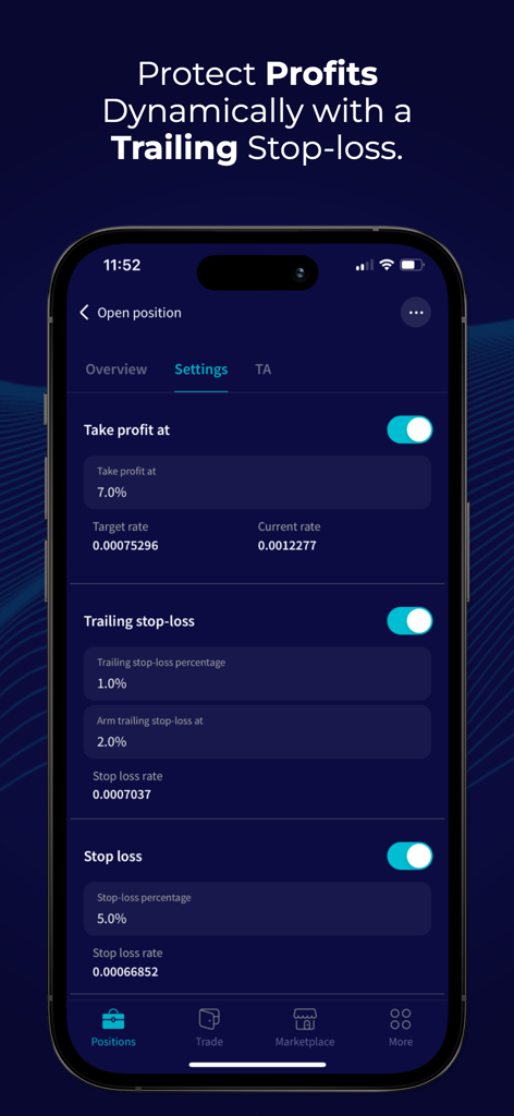 Cryptohopper - Crypto Trading - Interface of Cryptohopper app displaying trailing stop loss and take profit configuration for automated trading positions