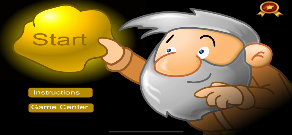 Classic Miner mobile game start screen with a cartoon miner character and a large golden nugget acting as the start button