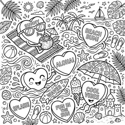 Escape to a whimsical summer paradise with our delightful Candy Hearts coloring page. Join these sweet characters as they enjoy sandy beaches, refreshing drinks, and ocean waves, ready for your creative touch.