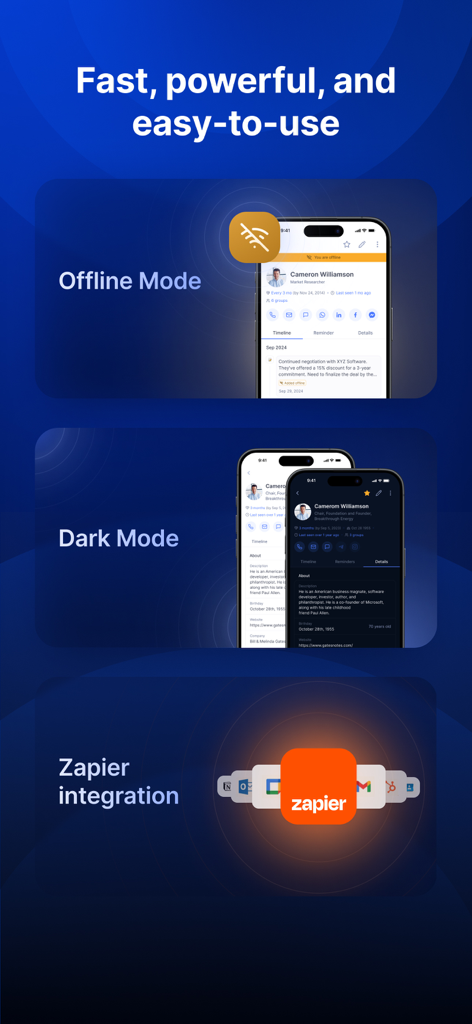 Dex - Rolodex and Personal CRM - Descripción general de las funciones de la aplicación Dex, incluido el modo sin conexión, el modo oscuro y la integración de Zapier para la creación de redes profesionales