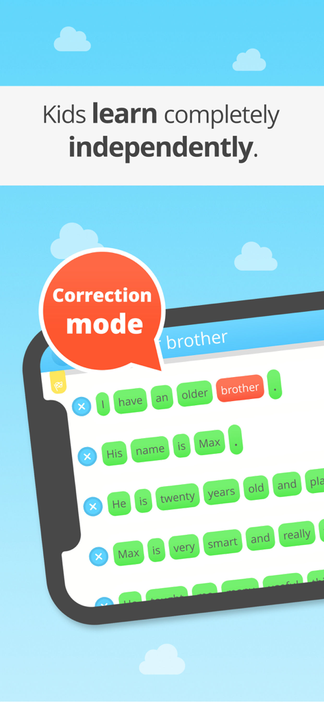 EASY peasy spelling app interface showing the correction mode feature for independent learning