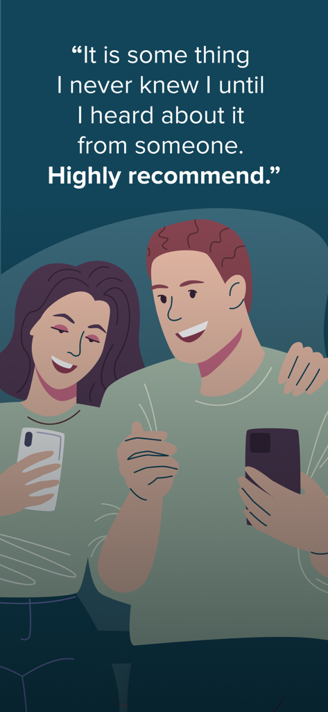 Discreet - Black screen camera - User review for Discreet black screen camera app featuring an illustration of a happy couple with their smartphones.