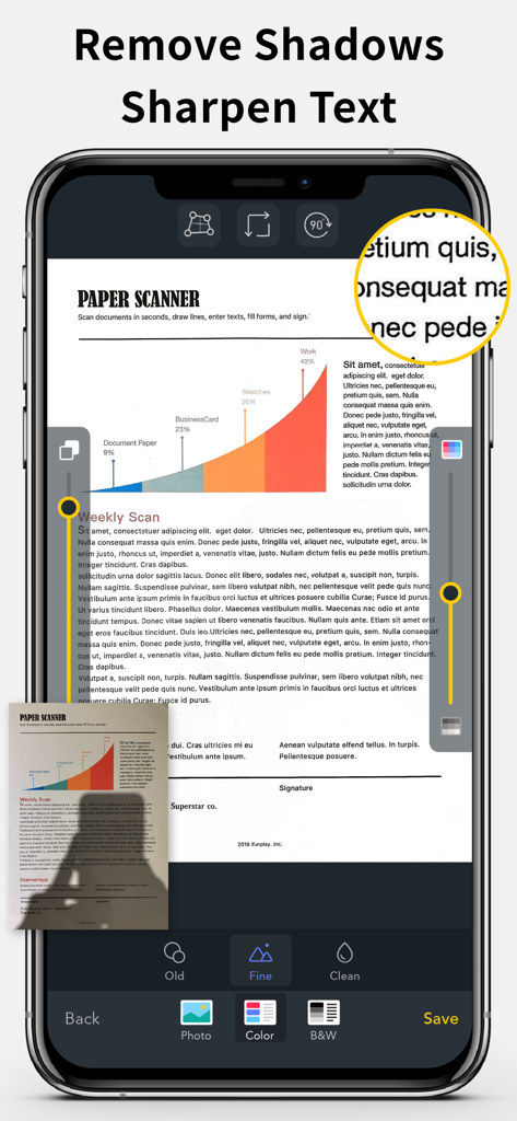Ein Handybildschirm, der die Scanner App-Oberfläche zeigt, die Schatten entfernt und Text schärft für einen sauberen Dokumentenscan.