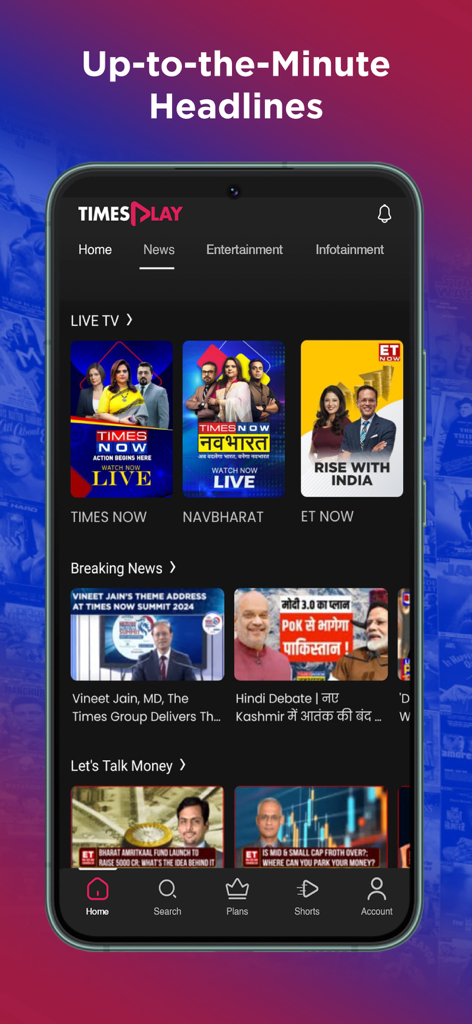 Times Play: Movies,News on OTT - Times Play App-Oberfläche mit Live-Nachrichtensendern und Eilmeldungen