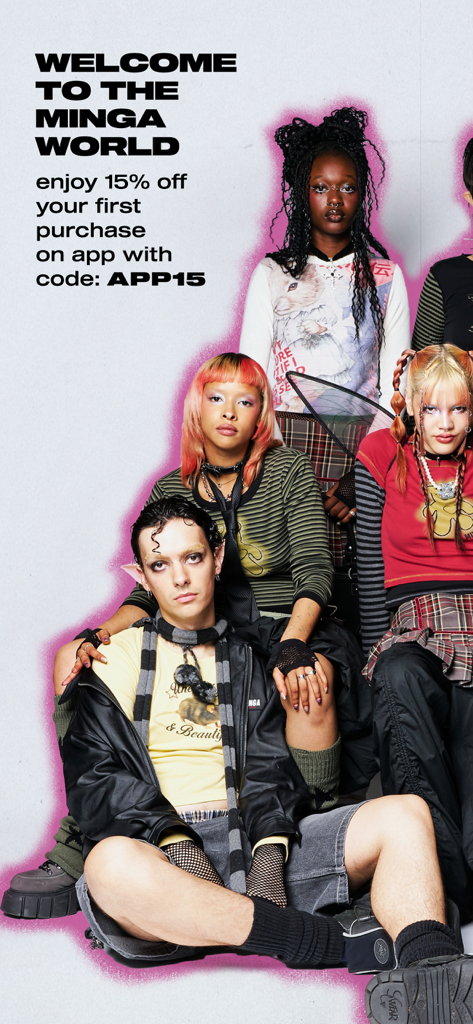 Group of Gen Z models in alternative fashion with a fifteen percent off promo code for the Minga London app