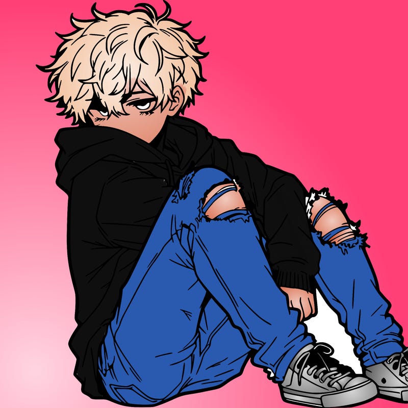 a male hoddie ripped jeans messy hair anime